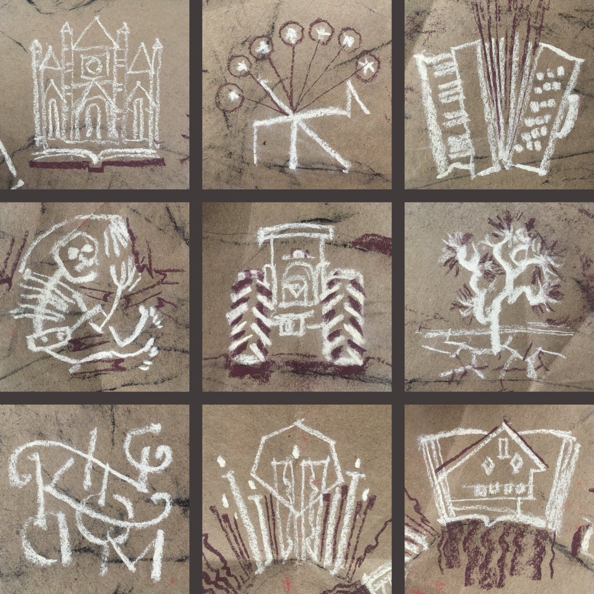 botts_jeremy's tweet photo. 2x2 inch pastel sketches I made to demonstrate for my Technotexts students how to simplify a memory into a visual icon. Scale and medium constantly force decisive action. #technotext #artatwheaton @WheatonCollege #orvieto #pleiades #accordion #tractor @JoshuaTreeNPS #joshuatree https://t.co/Vakc6aXgkW