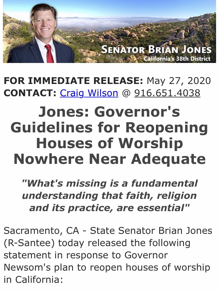 SenBrianJones's tweet photo. The @CAgovernor is missing the point; Californians believe houses of worship are “ESSENTIAL”!
https://t.co/v7cakjaLQo
#AYKM #AreYouKiddingMe #MakeCaGoldenAgain #CADeservesBetter #ReOpenCa #ReOpenSD @SenateRepCaucus https://t.co/fGoYJSjM8o