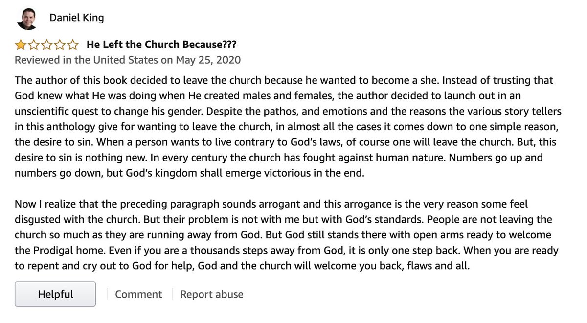 And speaking of hate mail, would you all mind helping me out by reporting the latest Amazon "review" of Empty the Pews for abuse?The "reviewer" (and I use the term loosely) obviously didn't read the book. He just wanted to use the review platform to preach a hate-filled sermon