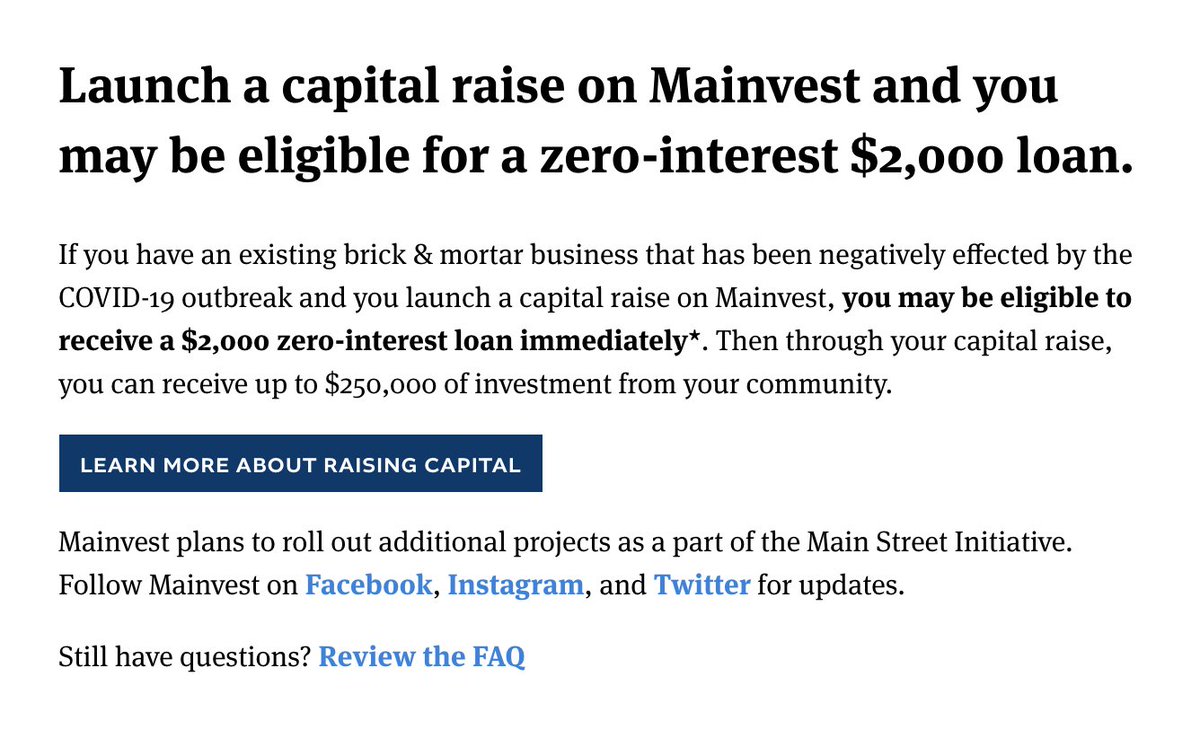𝗠𝗮𝗶𝗻 𝗦𝘁𝗿𝗲𝗲𝘁 𝗜𝗻𝗶𝘁𝗶𝗮𝘁𝗶𝘃𝗲

Resource: #Loans
Target: #SmallBusiness
Issuer: @theMainVest
Where: #USA
Link: bit.ly/39Tzn83

More opportunities: bernoullifinance.com/the-phoenix

#ThePhoenix #ReliefPrograms #WednesdayThoughts #COVID19