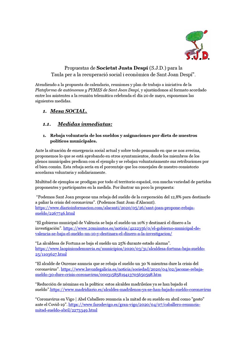 S_JustaDespi's tweet photo. Propuestas d @S_JustaDespi a la Taula per a la recuperació social i econòmica de #SantJoanDespí q se iba celebrar la semana que viene y que ahora irán destinadas a complementar el documento dl @AjSJDespi #ReiniciemSJD para ayudar en la crisis derivada del #COVID19. Parte 1 de 2. https://t.co/Pw20t0ROEu