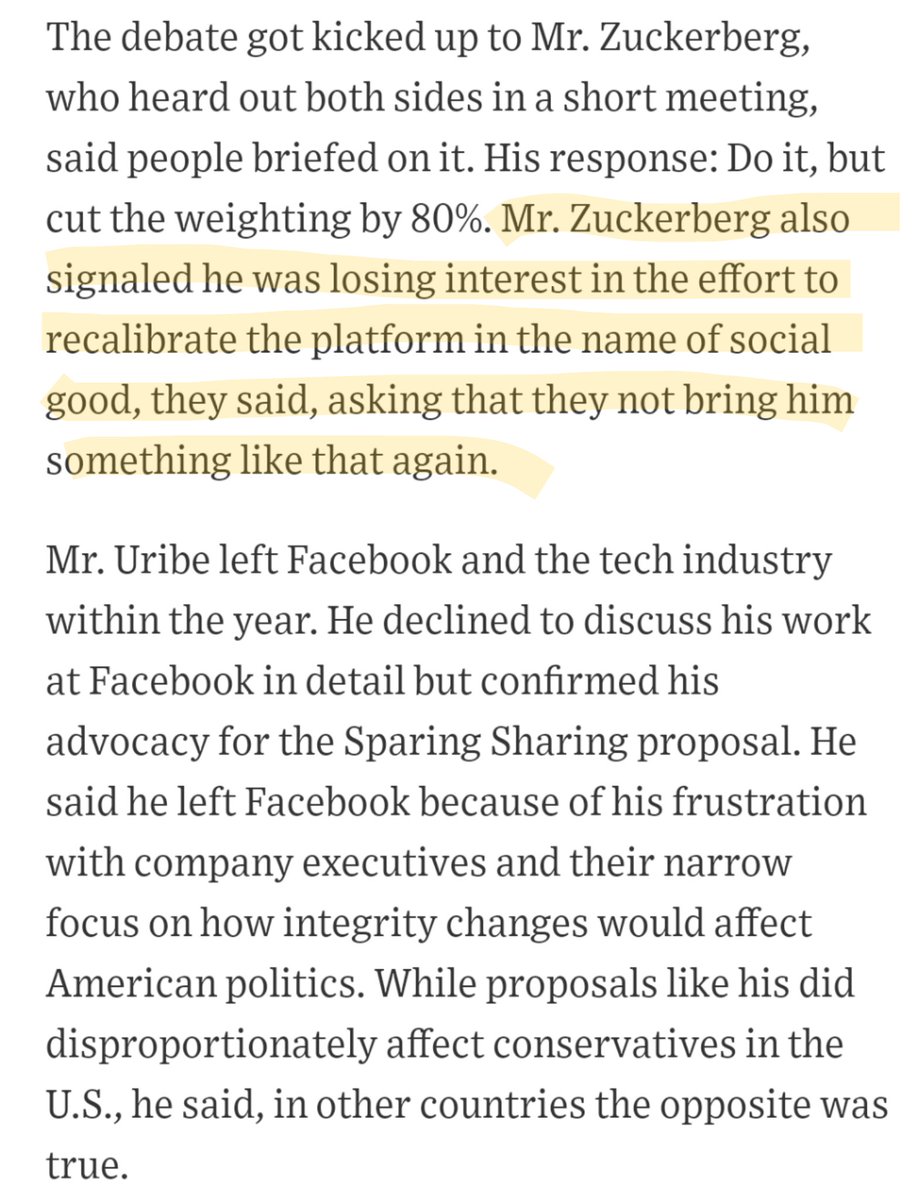 Zuckerberg said to weaken proposal (to mitigate influence of super-sharers, who tend to be hyper-partisan & spam-like) by 80% and also signaled he was losing interest in the effort to recalibrate the platform in the name of social good.