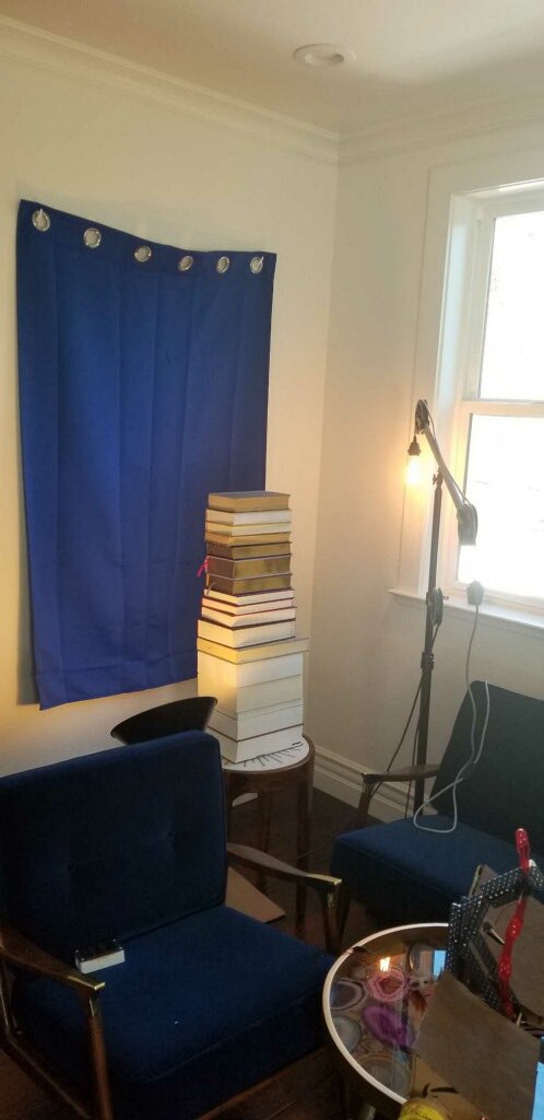 Gehrett's tweet image. Getting ready for our Samsung Solve for Tomorrow Pitch at 10:20 AM (PST) in our makeshift home studios (notice the huge pile of books to make a laptop stand).  Go Team!  #SamsungSolve #ChawanakeeProud