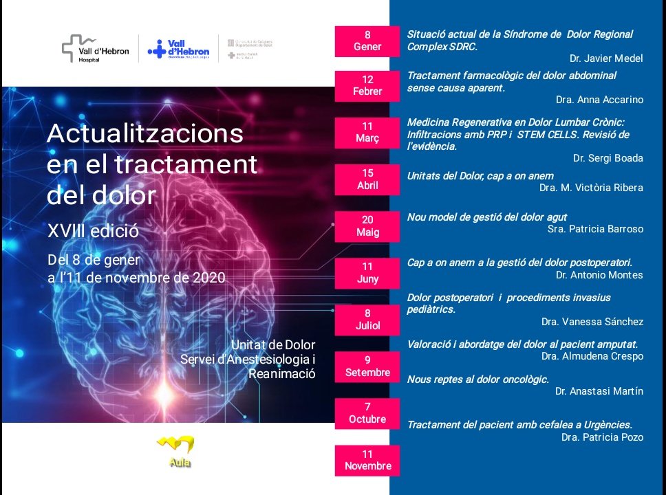 UnitatD's tweet photo. Reinicien al juny les nostres sessions de la XVIII edició de les Actualitzacions en el Tractament del Dolor. Canviem el format i els nostres professors faran les clases per videoconferència. Us hi esperem. Adaptant-nos a la nova situació.
@UnitatD @vallhebron https://t.co/mA8Pks1m5Y