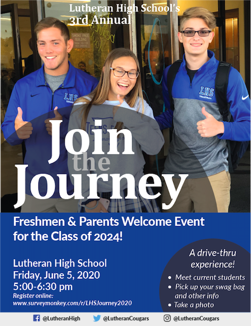 LutheranCougars's tweet photo. Class of 2024: Join us for our 3rd annual "The Journey" welcome event!

On Friday, June 5th from 5:00 - 6:30 pm, parents &amp; freshmen can experience a "drive-thru" style welcome to LHS.

#SwagBag
#PictureTime
#WaveHello

Be safe...continue to practice social distancing. https://t.co/02otzQlpua