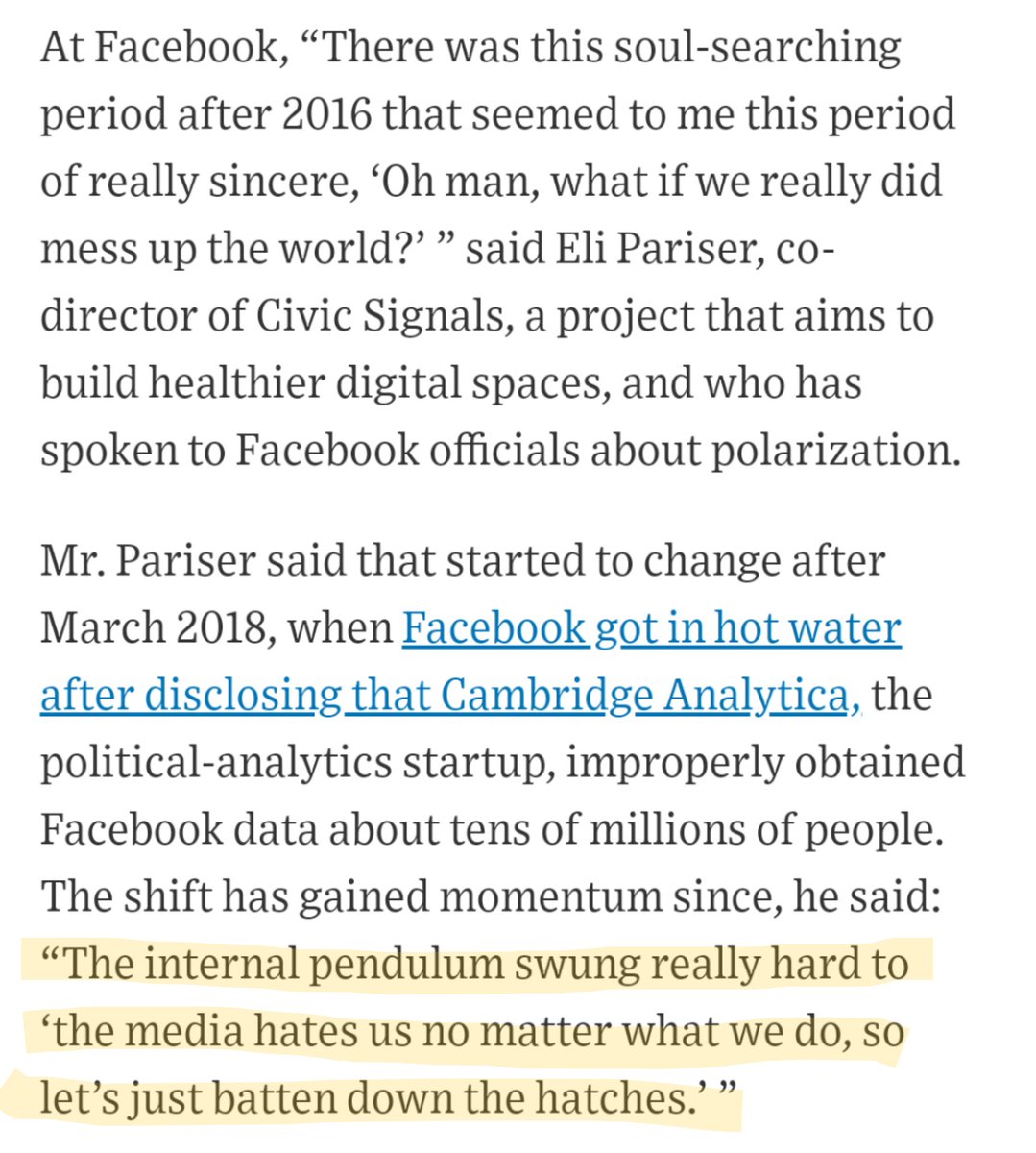 At Facebook, there was this soul-searching period after 2016, but that checked after March 2018: “The internal pendulum swung really hard to ‘the media hates us no matter what we do, so let’s just batten down the hatches.’ ”