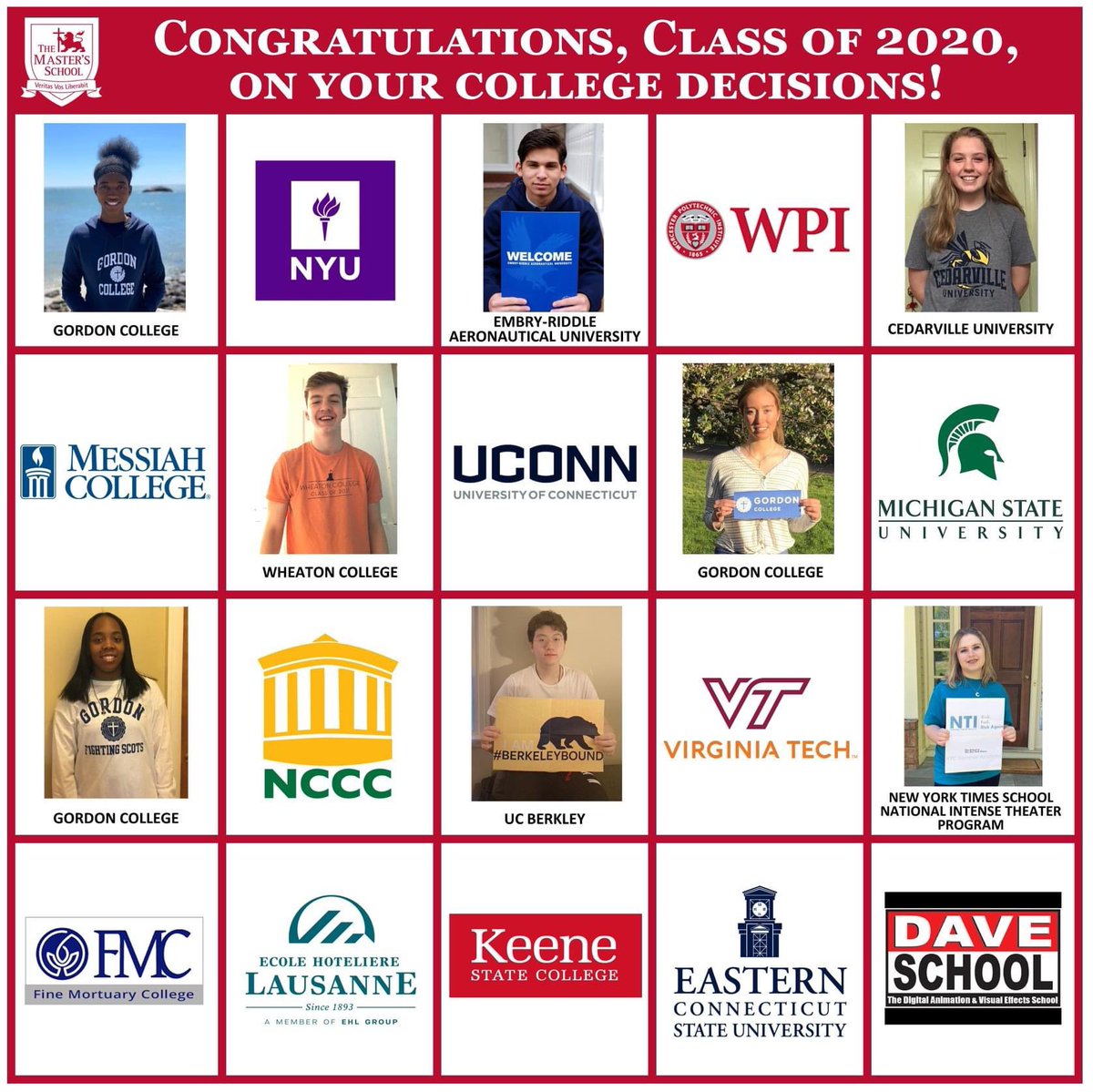 MasterschoolCT's tweet photo. The Master's School has a 100% college acceptance rate.  Check out where some of our Class of 2020 students are heading in the fall! https://t.co/ig6N9qdFro