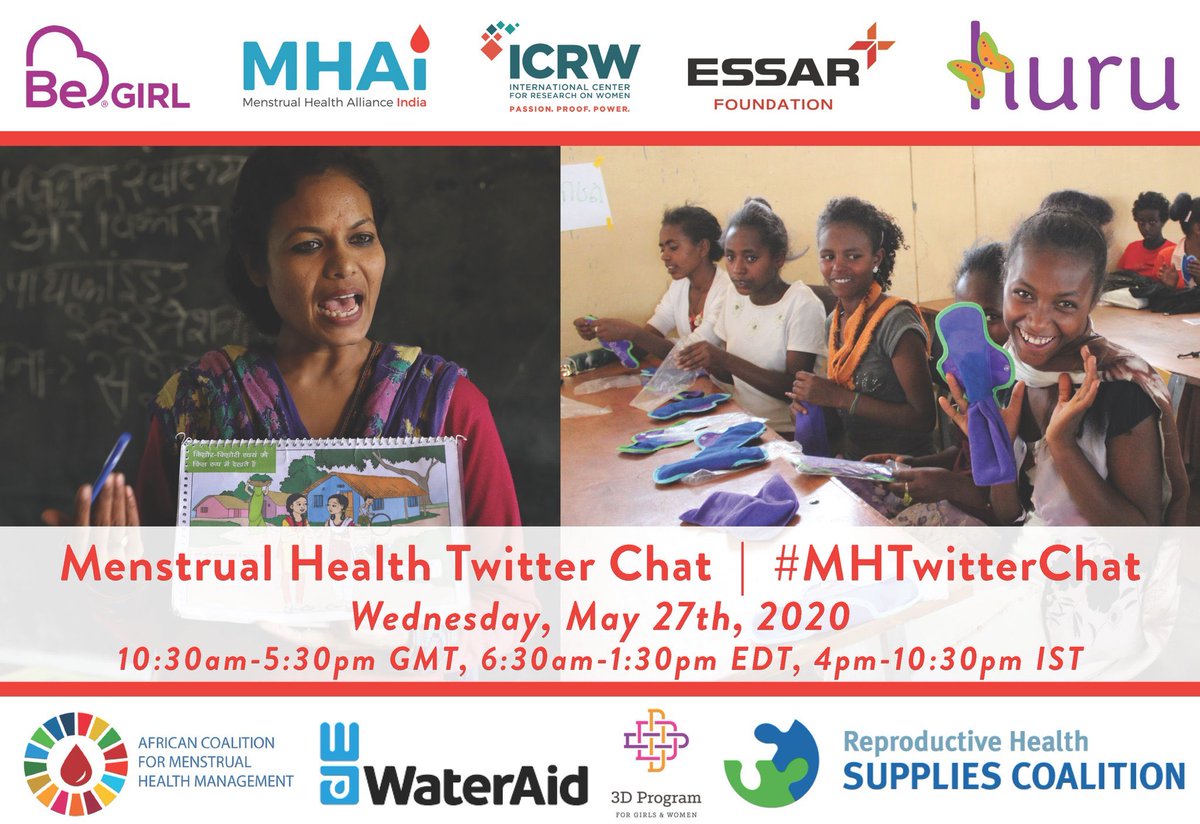 ICRW's tweet photo. Thanks to all host orgs who led today’s #MHTwitterChat. Very engaging dialogue.

More to come from @ICRWAsia, @BeGirlOrg, @EssarFoundation, MHAI, @HuruKits, @AfriCoMHM, @WaterAidIndia, @3DGirlsWomen &amp; @RH_Supplies. #MHDay2020 #MenstrualHealth https://t.co/yQWjrmdK4I