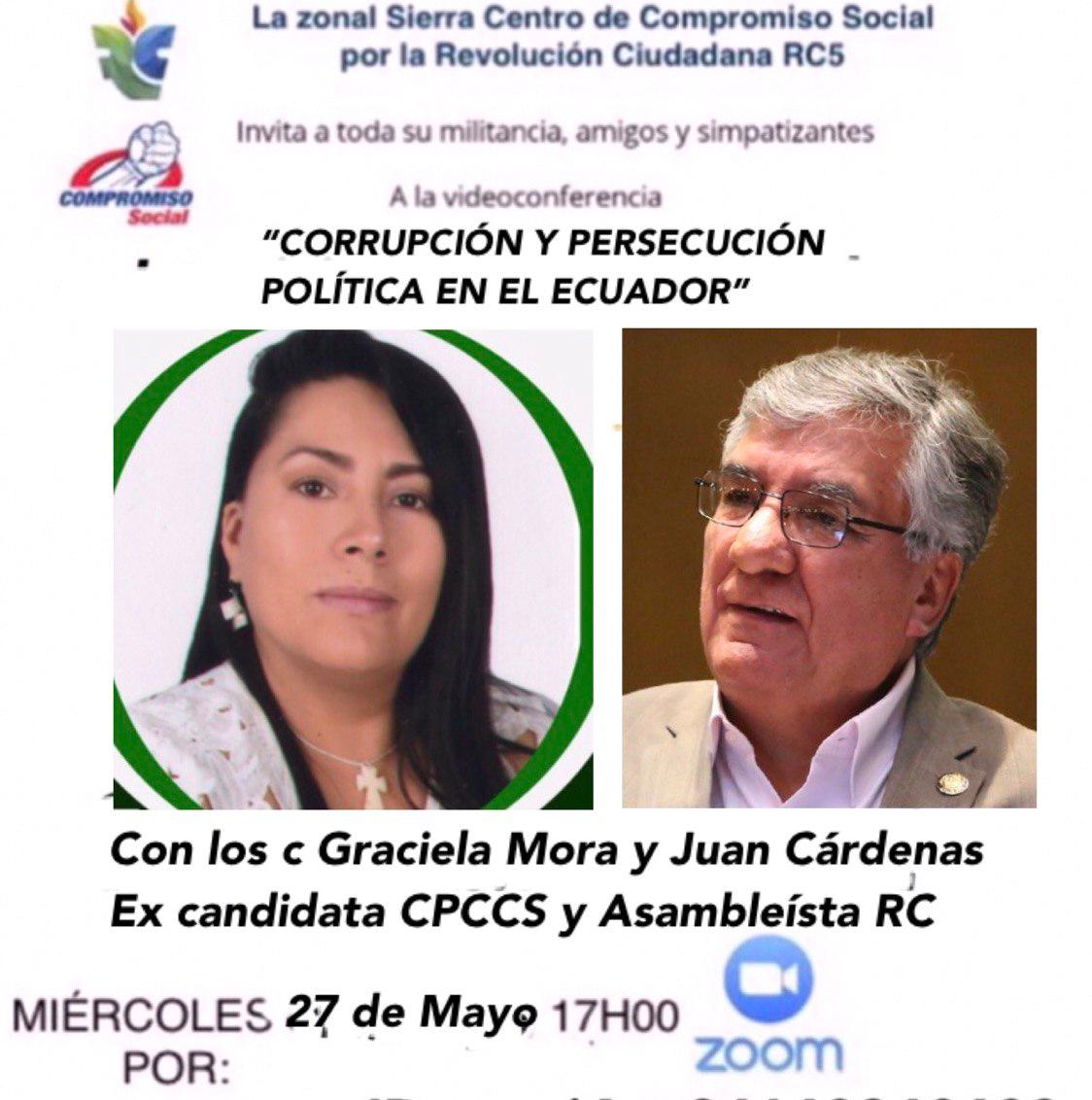 Rc_BolivarCS's tweet photo. #RecuerdaHOY📌:
#17H00
👩🏻💻#VIDEOCONFERENCIA, con el
✅TEMA: "Corrupción y persecución
política en el Ecuador"
Con la intervención de:
▪️👩🏻🏫Graciela Mora - Ex candidata al CPCCS
▪️👨🏻🏫Juan Cárdenas - Asambleista
por RC
📽Plataforma: Zoom
☎️Contactos para la conexión:
👉🏽@TamayoPao https://t.co/tJkWyAJRl5