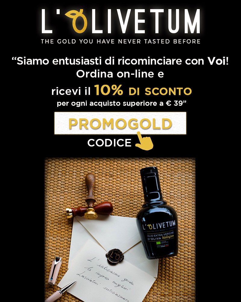 LOlivetum's tweet photo. Get your 10% #discount directly from our website❗️insert the code “PROMOGOLD”👇🏼
https://t.co/qe1YC0062S 

#Puglia #iomangioitaliano #MadeInItaly #prodottoitaliano #Italia  #cucinaitaliana #olioextraverginedioliva #olioevo #olioevobio #organic #oliveoil #extravirginoliveoil https://t.co/pkqnJctMVX