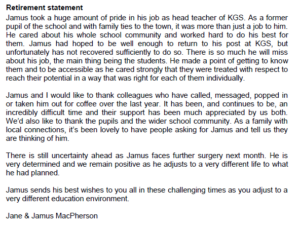 KeithGrammar's tweet photo. Jamus Macpherson and his wife, Jane, released a statement today to announce that he has retired as @kgsRector 
We thank Jamus for his huge contribution to KGS: he will always be part of our community.
We hope we are able to pass on our good wishes in person soon. https://t.co/XJ4sgqfPqS