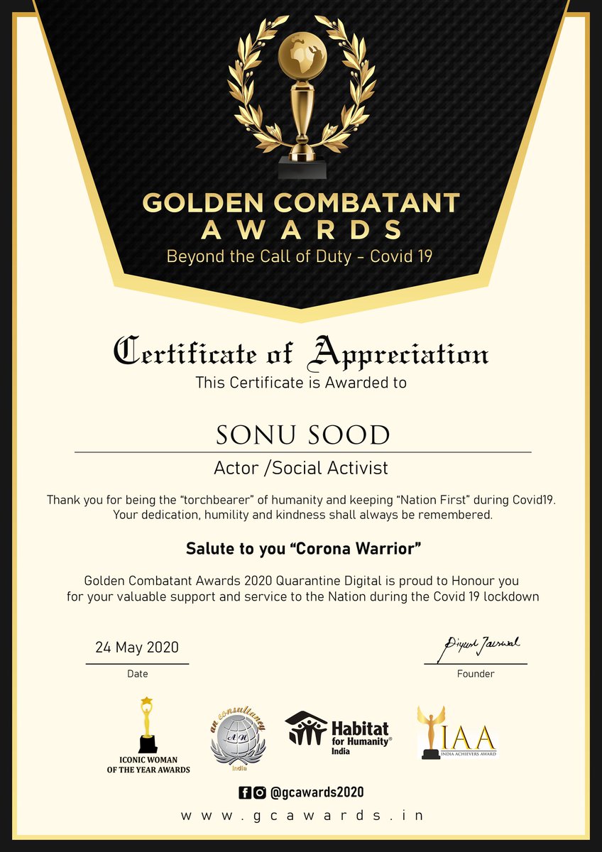 Combatant2020's tweet photo. *Golden Combatant Awards* Beyond the call of duty covid-19
@SonuSood
Actor/Social Activist

Golden Combatant Awards 2020
is proud to Honour you for your *Unconditional Service To The Nation* for covid-19.

A Big Salute to you Sir
#SonuSood_A_Real_Hero https://t.co/KpKZInXQUx