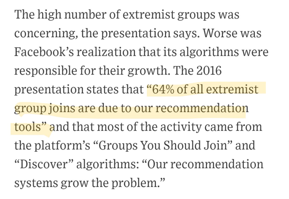 An internal 2016 Facebook presentation states that “64% of all extremist group joins are due to our recommendation tools” and that most of the activity came from the platform’s “Groups You Should Join” and “Discover” algorithms https://www.wsj.com/articles/facebook-knows-it-encourages-division-top-executives-nixed-solutions-11590507499