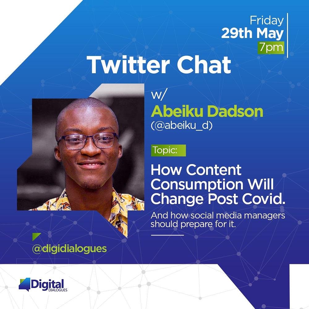 digidialogues's tweet photo. Let's discuss content consumption post #COVID19 this Friday at 7pm with @abeiku_d
Join the conversation using #DigiDialogues https://t.co/XjqrqHUeVI https://t.co/4yFJs8Js08