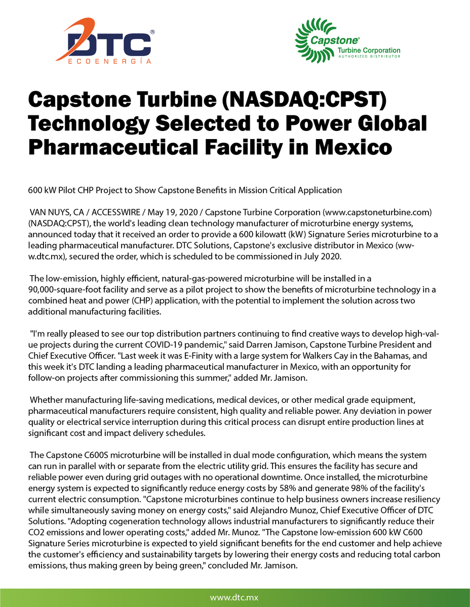 DTCSoluciones's tweet photo. Capstone Turbine (NASDAQ:CPST) Technology Selected to Power Global Pharmaceutical Facility in Mexico https://t.co/KycozN8rjR
