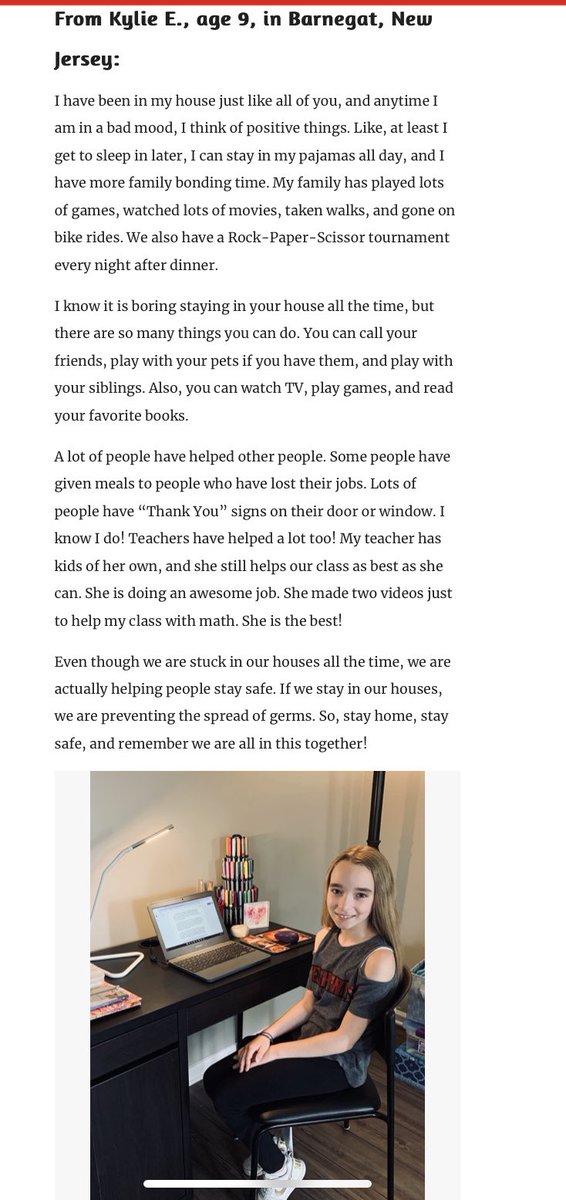 So proud of one of my hard working students, Kylie, for being chosen to have her Covid-19 perspective writing be featured in Time for Kids!!! Way to go, you deserve it!!!! #barnegatinspires #hardwork #stayfocused #staystrong #3rdgraderocks #soaringseahawks