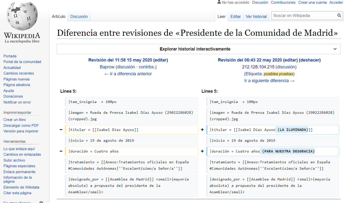 miguelms_es's tweet photo. Alguien anónimo desde la Secretaría de Estado de Administraciones Publica ha editado la página de Wikipedia "Presidente de la Comunidad de Madrid".

👉🏼Queda registrada su IP y no se dan cuenta. Menudos garrullos en el gobierno.

https://t.co/tDGpWJwari https://t.co/pcpGXbCotZ