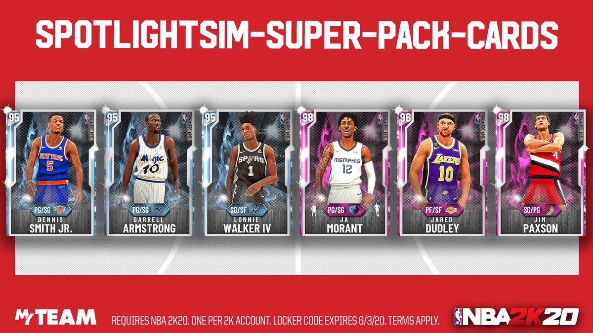 NBA2KMyTEAM's tweet image. 🚨 Locker Code. Use this code for a guaranteed #SpotlightSim player card:

💎 Dennis Smith Jr.
💎 Darrell Armstrong
💎 Lonnie Walker IV
PD Ja Morant
PD Jared Dudley
PD Jim Paxson

Available for one week