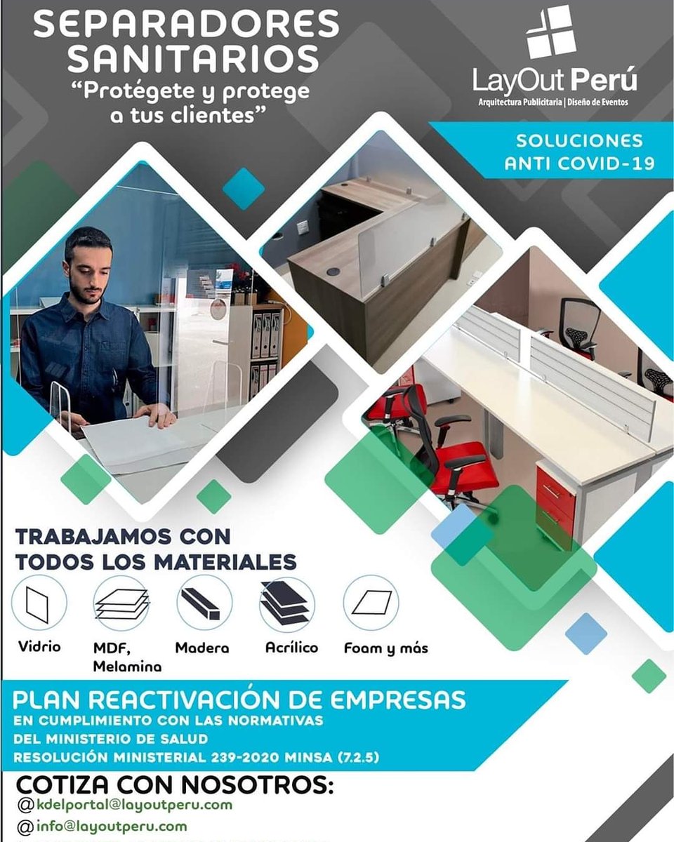 LayoutPeru's tweet image. #LayOutPerú te  brinda soluciones Sanitarias !
Seremos parte de tu plan de reactivación laboral, por lo cual te ofrecemos nuestros SEPARADORES  SANITARIOS en distintas presentaciones.
#SeparadoresSanitarios

📲 942781247
 Kdelportal@layoutperu.com 
 layoutperu.com