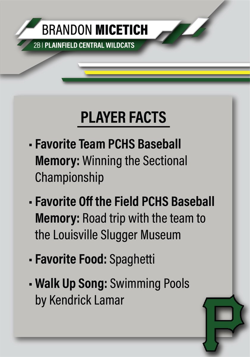 2020 Senior Brandon Micetich, 2nd Base, #11. Brandon will be remembered for his sweet lefty stroke, his many HR's, the way he looked you in the eyes and nodded when you spoke to him, and the amount of extra work he dedicated to the weight room to get stronger. Wildcat Forever.