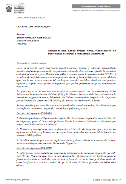AlbertoBelaunde's tweet photo. A partir de una reunión sostenida con @editoresdelperu y @CPLibro, junto a @danielfolivares, hemos solicitado formalmente al @MinCulturaPe que tome acciones concretas en el sector editorial que se derivan de lo dispuesto por DU-058 y DU-003, y así ayuden a evitar su retroceso. https://t.co/WlWMPhoydr