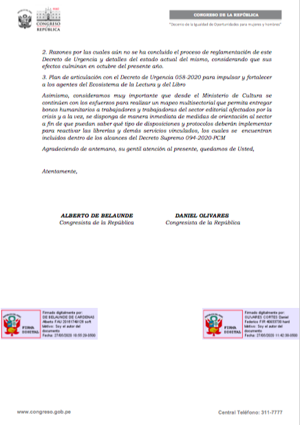 A partir de una reunión sostenida con <a href="/editoresdelperu/">Editoriales Independientes del Perú</a> y <a href="/CPLibro/">Cámara Peruana del Libro</a>, junto a <a href="/danielfolivares/">Daniel Olivares Cortés</a>, hemos solicitado formalmente al <a href="/MinCulturaPe/">Ministerio de Cultura</a> que tome acciones concretas en el sector editorial que se derivan de lo dispuesto por DU-058 y DU-003, y así ayuden a evitar su retroceso.