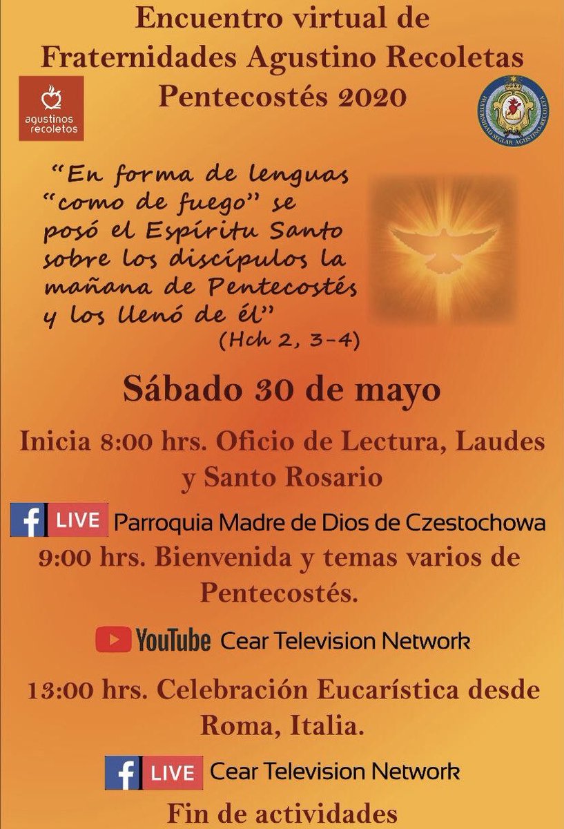 Os invitamos a todos aunque no pertenezcan a las fraternidades. Va a ser un bonito encuentro para preparar la fiesta de Pentecostés.