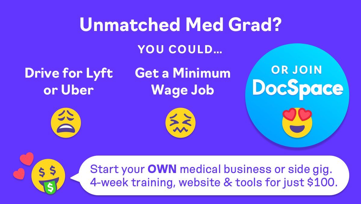 easepractice's tweet image. Are you an unmatched med grad curious to know what kind of healthcare side-gig you can build with DocSpace? 

All you have to do is use the hashtag #AskDocSpace and we will answer your question with a personal 🎥 response. 

This special edition @DocSpaceSUS course is for you. 😊