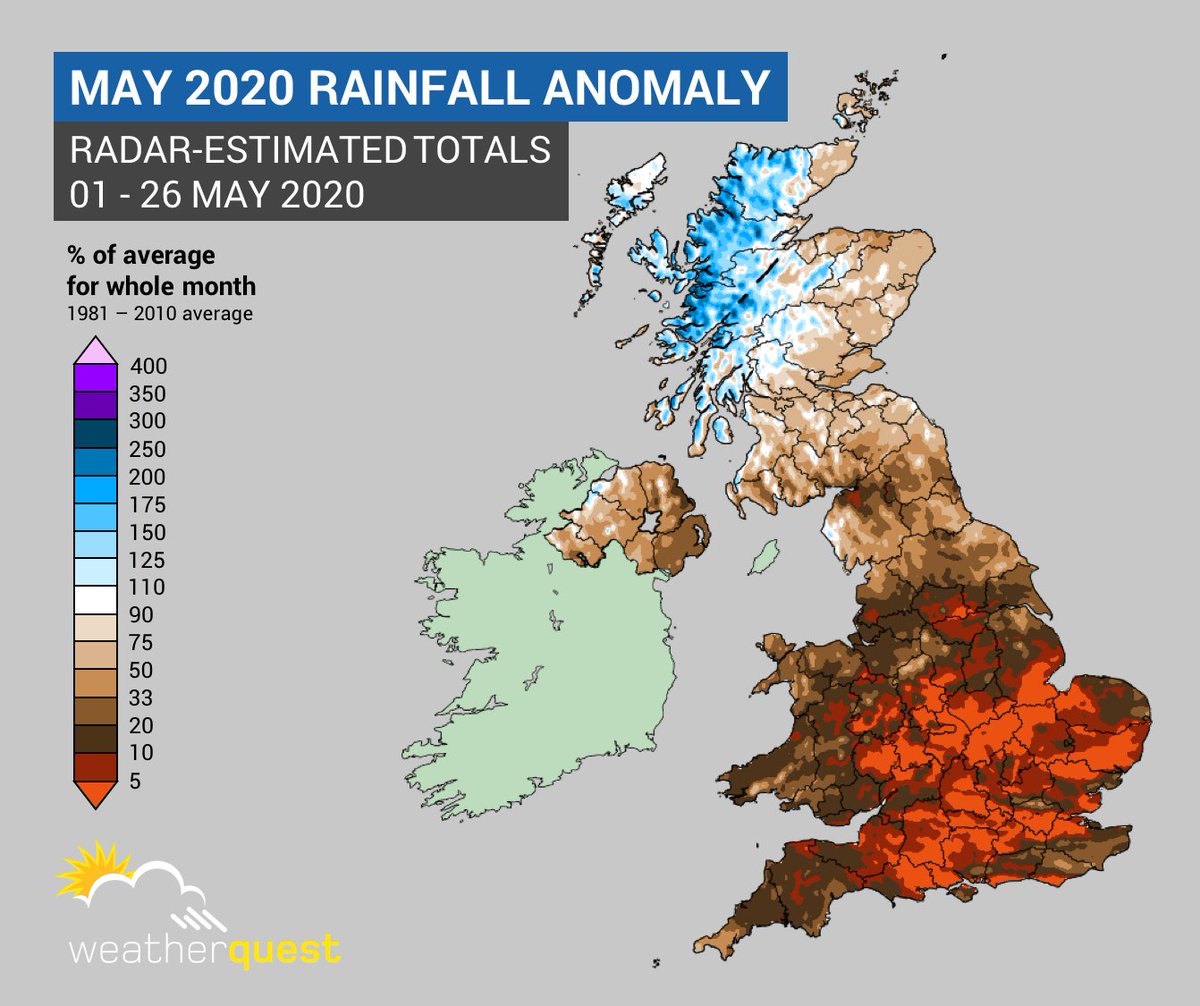 In stark contrast to NW Scotland where rainfall for this month is currently over 150% of the average in places, parts of central and southern Britain have barely scraped 5% of the average May rainfall so far. Some regions are still on track for their driest May on record...