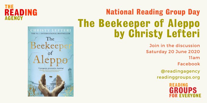 RichmondLibs's tweet photo. And just announced today The Beekeeper of Aleppo by @christy_lefteri from @ZaffreBooks has been chosen as the winning book for this year's @readingagency National Reading Group Day. Everyone is invited to join the discussion on Facebook on 20 June. #NRGD https://t.co/pWln6BMSE5