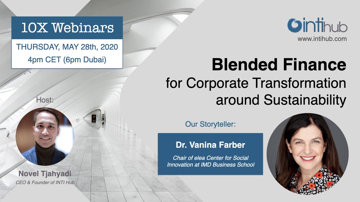 Join me &amp; Prof @vaninafarber to talk about the potential of #blendedfinance solutions! How can we finance #socialinnovation at scale to #transform business models while having a sizable #impact on society and the environment? Register bit.ly/3d1b5eq #financing4impact