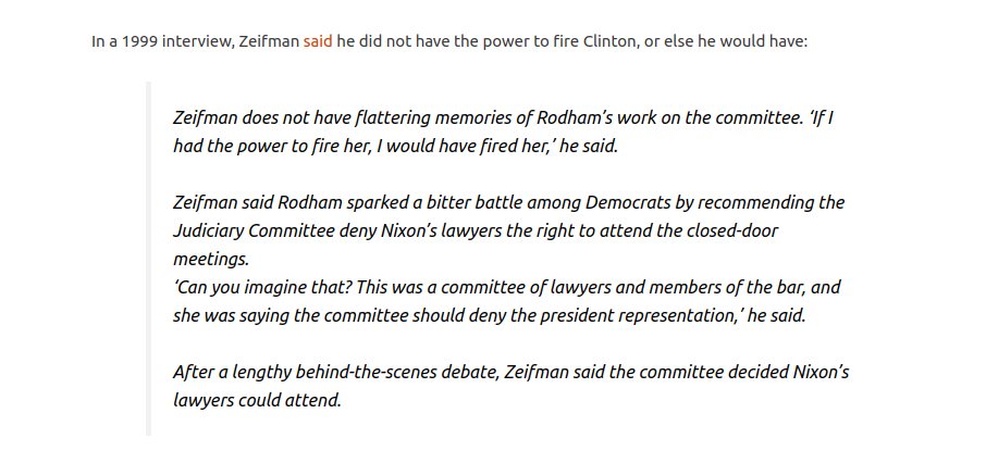 The far more chilling reality is that, among other things, Hillary Clinton advocated EXACTLY what Pelosi and Schiff did to Trump - DENIAL OF REPRESENTATION. Zeifman was horrified by this un-American, Soviet/Maoist tactic.Hillary, as Zeifman foresaw, would MAINSTREAM communism.
