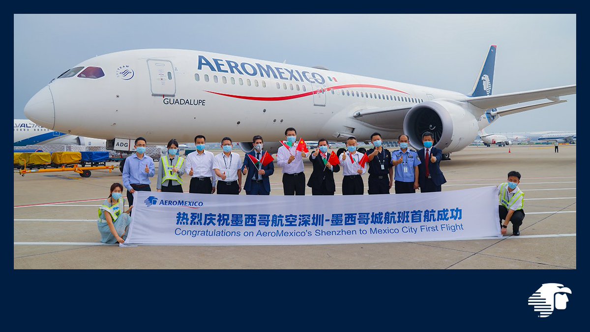 Aeromexico's tweet photo. En un hecho histórico, la ciudad asiática de Shenzhen se conectó con América Latina. Fue el vuelo directo más largo de la historia de la aviación en México, con un recorrido de más de 14 mil kilómetros que realizó nuestro B787 para transportar insumos médicos. 
(1/2) https://t.co/ZrSm64tWWq