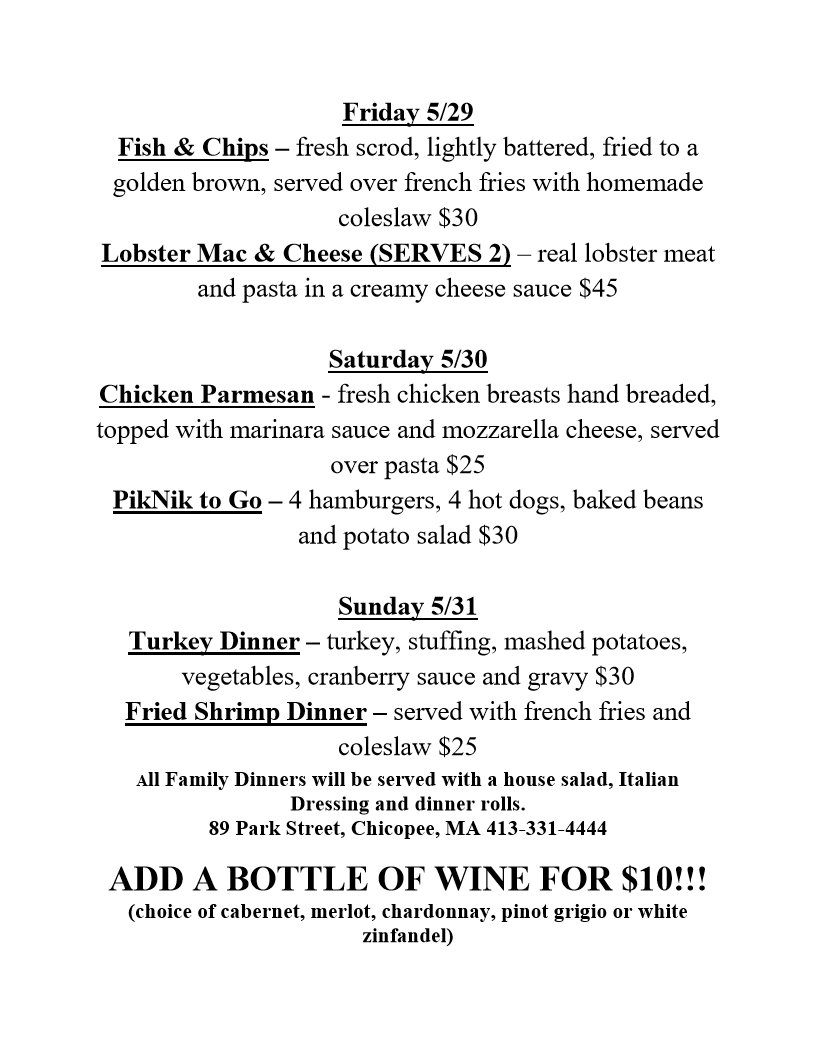 CollegianCourt's tweet photo. Here are our FAMILY MEAL  for 4 for this week.  To order call any day after 12 Noon.  To order call us at (413) 331-4444. https://t.co/LtolX8OR1v
