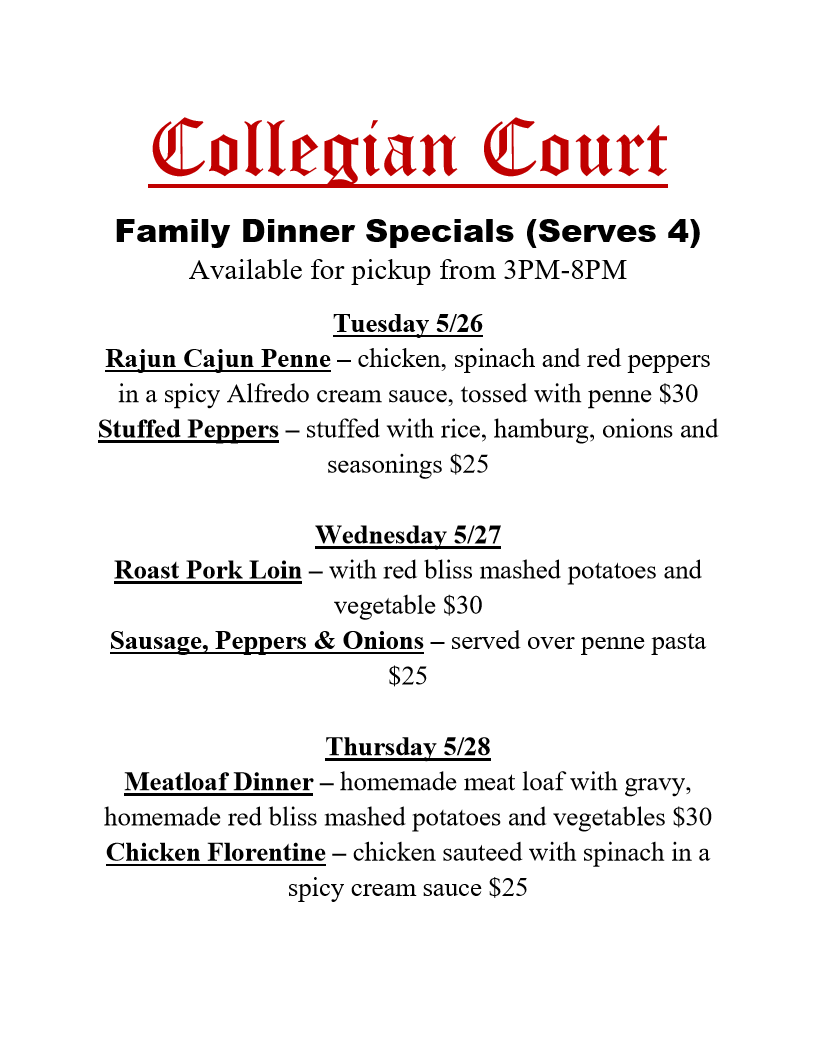 CollegianCourt's tweet photo. Here are our FAMILY MEAL  for 4 for this week.  To order call any day after 12 Noon.  To order call us at (413) 331-4444. https://t.co/LtolX8OR1v