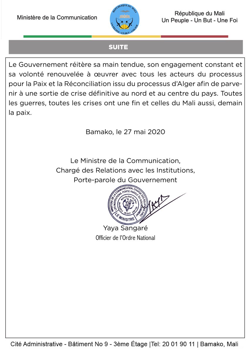 COMMUNIQUÉ DU GOUVERNEMENT DE LA REPUBLIQUE DU MALI
