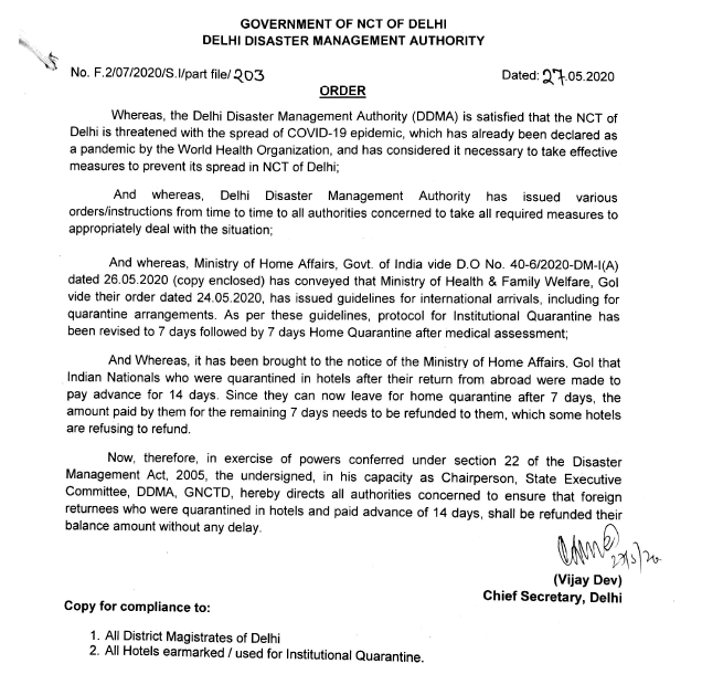 ANI's tweet photo. Vijay Dev, Chief Secretary of Delhi Government has directed all concerned authorities 'to ensure that foreign returnees who were quarantined in hotels and paid advance of 14 days, shall be refunded their balance amount without any delay'. https://t.co/ETC0JpJyMy