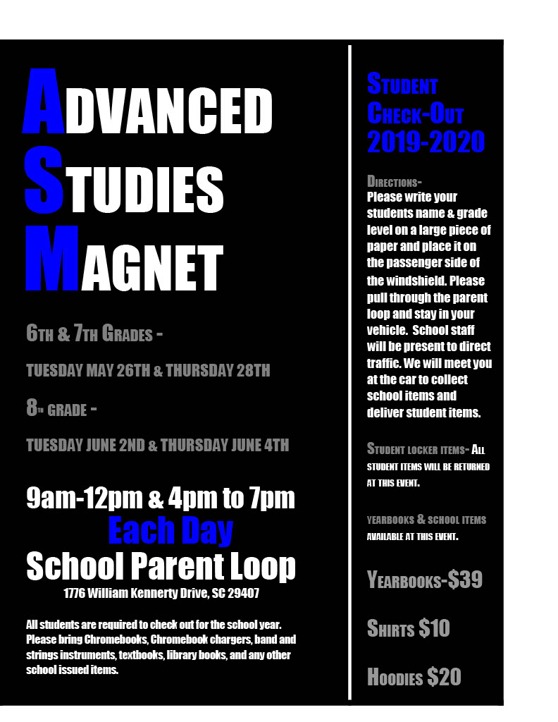 Don't forget that we have another student checkout day TOMORROW, Thurs May 27th. Times: 9am-12pm and 4pm-7pm. Please come to the front of the school and post your student's FULL name and grade in passenger's side window.