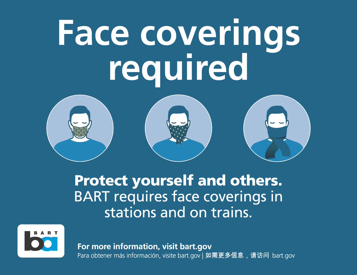 Large decals, posters and banners are being printed and will soon be displayed throughout the system and on-board trains to reinforce social distancing expectations and the face covering requirement. BART does not plan to use standing markers on the platforms and on trains.