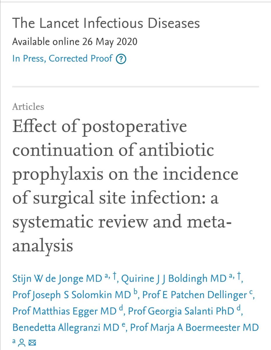 Antibiotic Steward Bassam Ghanem 🅱️C🆔🅿️🌟 (@absteward) on Twitter photo 🔥🔥This systematic review🔥🔥 <a href="/TheLancetInfDis/">The Lancet Infectious Diseases</a> of 83 RCTs
No benefit in continuation of antibiotic prophylaxis after surgery when best practice on timing and intraoperative redosing were in place based on moderate-certainty evidence #IDTwitter sciencedirect.com/science/articl… 🔥🔥This systematic review🔥🔥 <a href="/TheLancetInfDis/">The Lancet Infectious Diseases</a> of 83 RCTs
No benefit in continuation of antibiotic prophylaxis after surgery when best practice on timing and intraoperative redosing were in place based on moderate-certainty evidence #IDTwitter sciencedirect.com/science/articl…