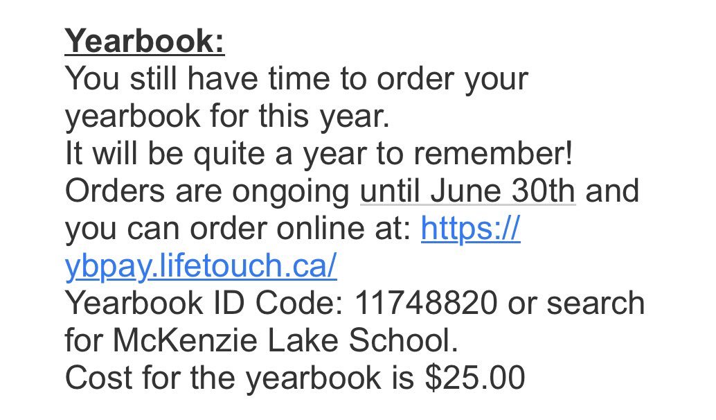This will be a year to remember... don’t forget to buy your Yearbook... on sale now!! 
ybpay.lifetouch.ca