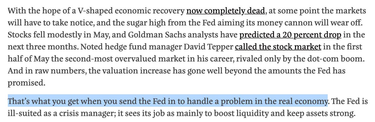This, for instance, is just flatly untrue. The Fed isn't trying to solve our real economy problems. In fact, it's *begging* Congress to solve them. What the Fed has done is what it's supposed to do: prevent a financial crisis.