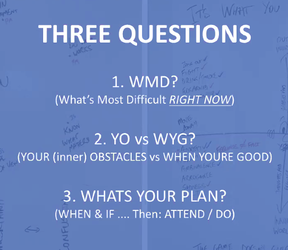 1. What's most difficult right now?2. What are your obstacles inside yourself? (thoughts or feelings that get in the way of you being awesome) vs. When you're good, what am I doing?3. What's your plan? (when & if.. then attend/do)-- @pjsteinfort,  #EMConf at  @StanfordEMED