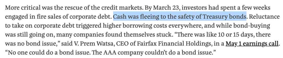By the way, this is also just flat out wrong. Cash *wasn't* fleeing into the safety of Treasury bonds in March. The incipient financial crisis was so severe that cash was fleeing them too—people were selling whatever they could for cash, including super-safe assets.