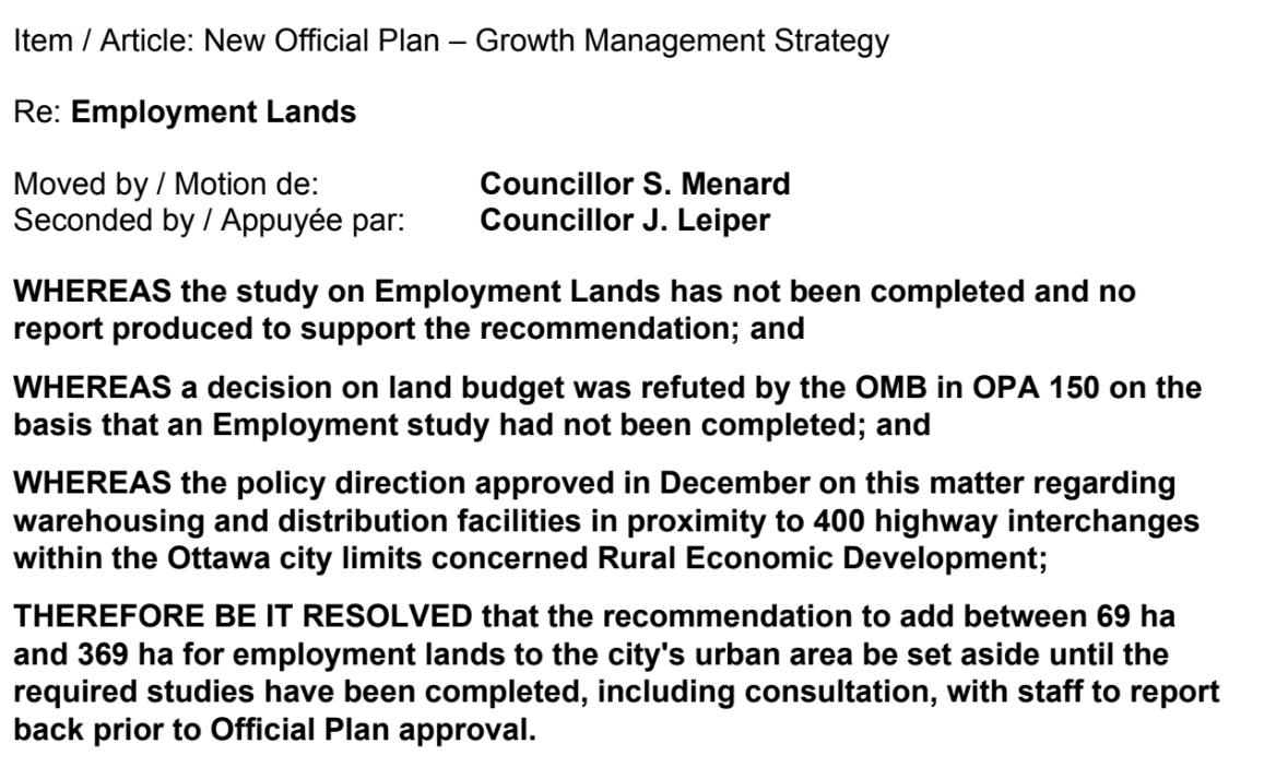 Earlier, council carried a motion by Menard (I believe committees opposed something similar). It reduces the recommendation of up to 1,650 hectares of extra land, and takes out the portion that would be employment lands for now. That leaves the 1,281ha for urban areas  #ottnews