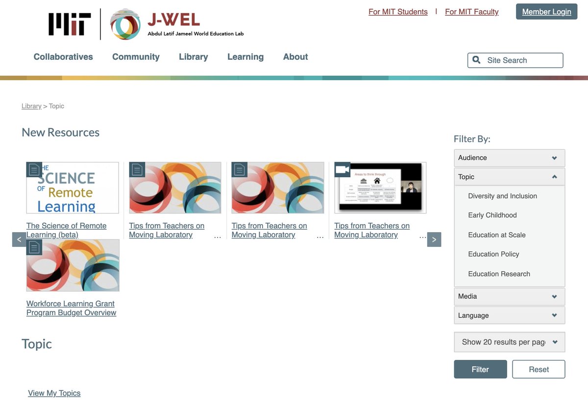 mitopenlearning's tweet photo. Did you know @mit_jwel offers an amazing library of educational content? Topics include AI, blended learning, the future of work, refugee education, digital pedagogies, and much more! Check it out and enjoy some #MITDailyLearning: https://t.co/CwYCc2i9dm https://t.co/5McTKQqfMc