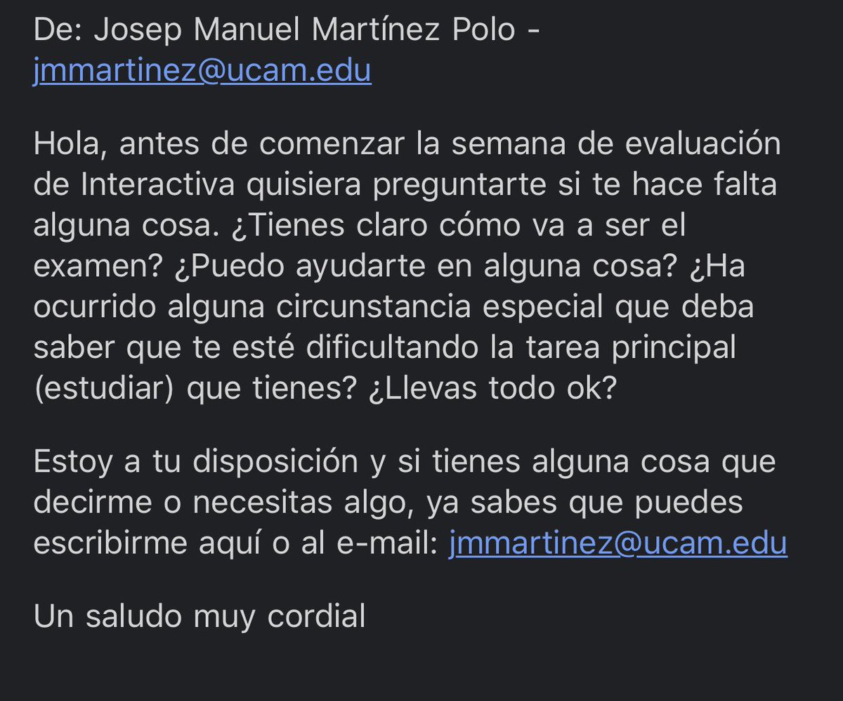 Para que luego digan que <a href="/UCAM/">UCAM Universidad</a> regala los títulos. Correo que manda, esta tarde, un profesor de <a href="/UCAM_Publi/">UCAM_Publi</a> a toda la clase. Regalar no regalan, pero motivar sí que motivan. (Sea extensible este tweet a todos los profesores de <a href="/UCAM_Publi/">UCAM_Publi</a>, <a href="/UCAM_Periodismo/">UCAM Periodismo</a> y <a href="/UCAM_CAV/">UCAM Com Audiovisual</a>) ¡Gracias!