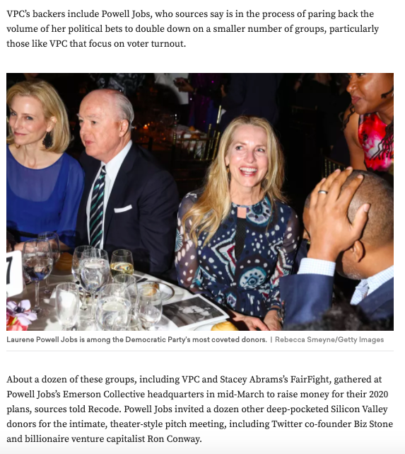 Laurene Powell Jobs is doubling down on voter-registration groups this cycle.Powell Jobs hosted a dozen major donors, like Biz Stone and Ron Conway, at an intimate event at Emerson Collective's HQ in March to hear from Stacey Abrams' FairFight & others. https://www.vox.com/recode/2020/5/27/21271157/tech-billionaires-joe-biden-reid-hoffman-laurene-powell-jobs-dustin-moskovitz-eric-schmidt