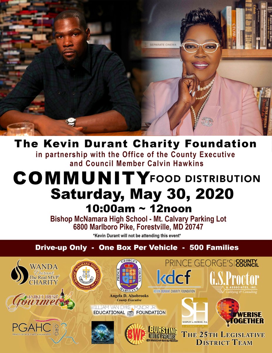 CEXAlsobrooks's tweet photo. We are excited to partner with the Kevin Durant Charity Foundation for a Community Food Distribution this Saturday, May 30 at Bishop McNamara High School. We want to thank Kevin Durant and Wanda Durant for continuously giving back to our community. #PGCCOVID19 #PrinceGeorgesProud https://t.co/6IySvPWFHh