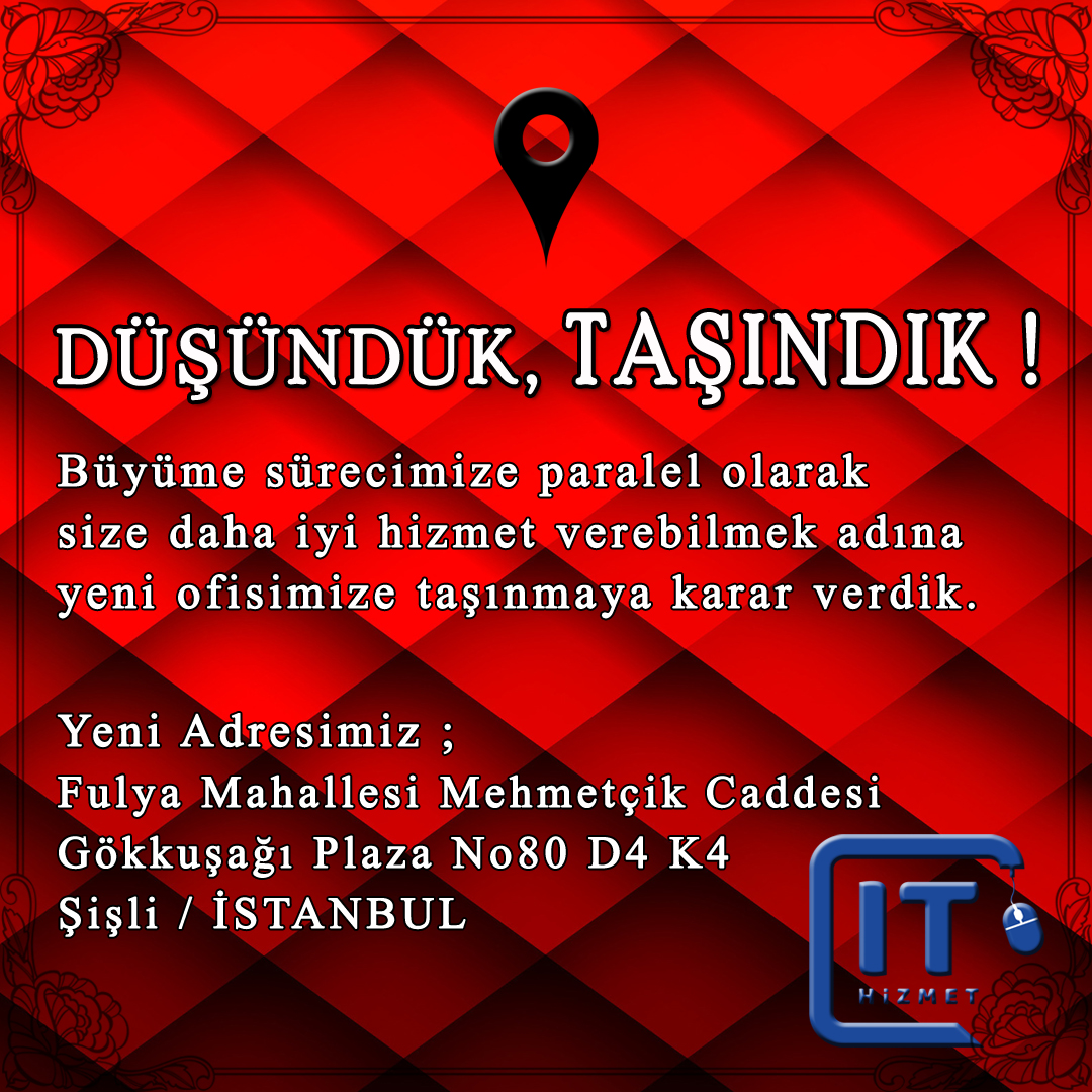 Taşındık 🚛🚚🎁
1 Temmuz'da yeni ofisimizde olacağız.
Detaylar ithizmet.com #it #bt #ithizmet #itdestek #bthizmet #btdestek #hizmet #destek #yardım #bilişim #teknoloji #internet #işletme #kobi #firma #şirket #ofis #taşındık #yeniofis #şişli #fulya #beşiktaş #istanbul